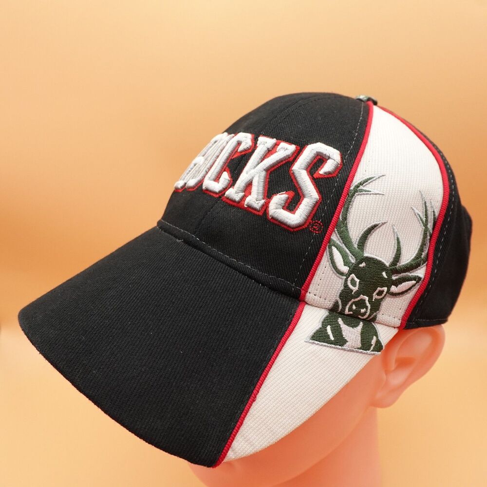 Milwaukee Bucks Hat Cap Strap Back Black White Red NBA Basketball Mens Deer Logo